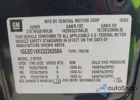 2003 Chevrolet Silverado C1500 from USA, damaged, VIN 1GCEC14X23Z263584